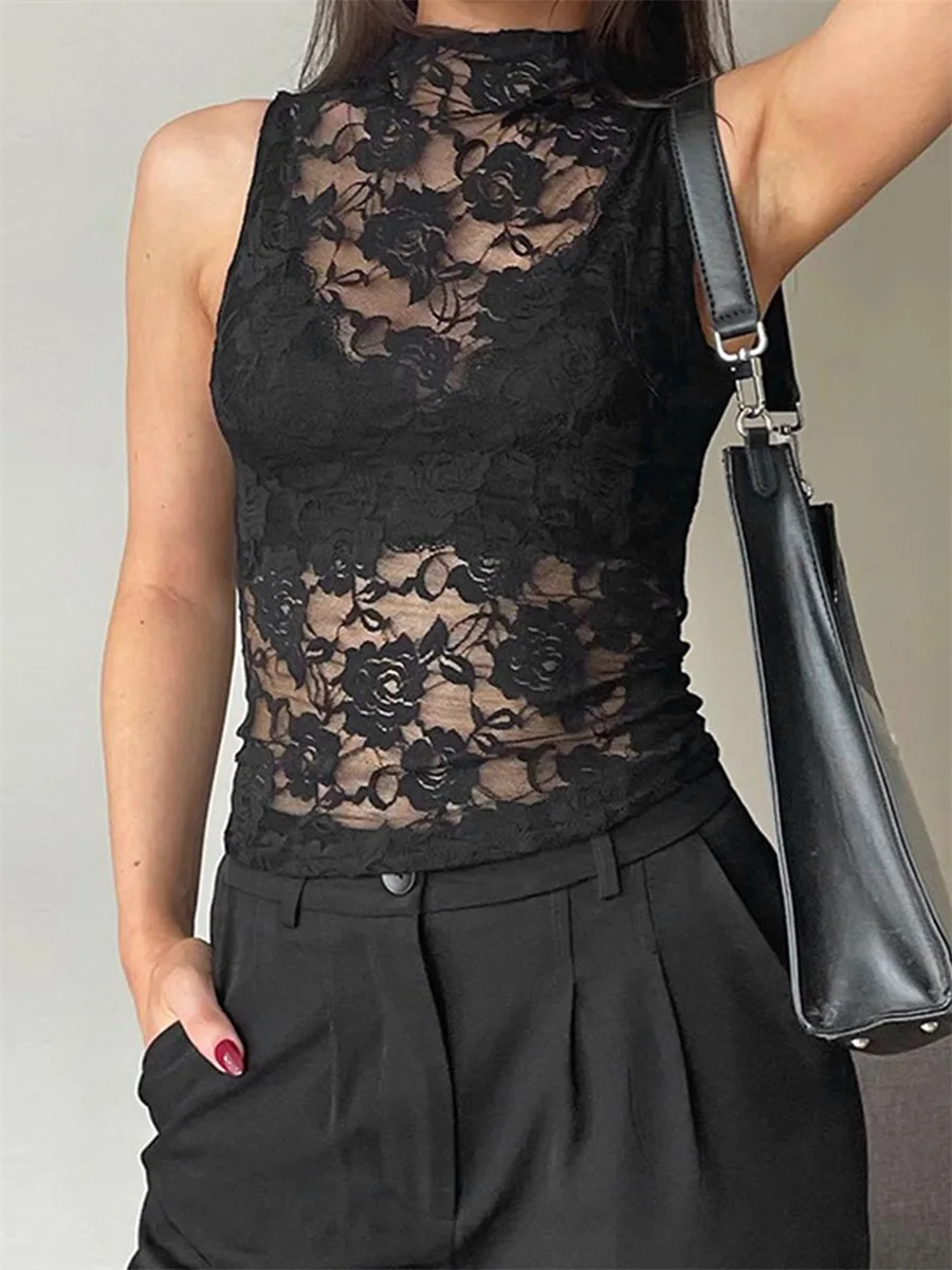 女性のエレガントな花柄レースノースリーブブラウスハイネックタイアップフィットシアーメッシュクロップドタンクトップ夏用