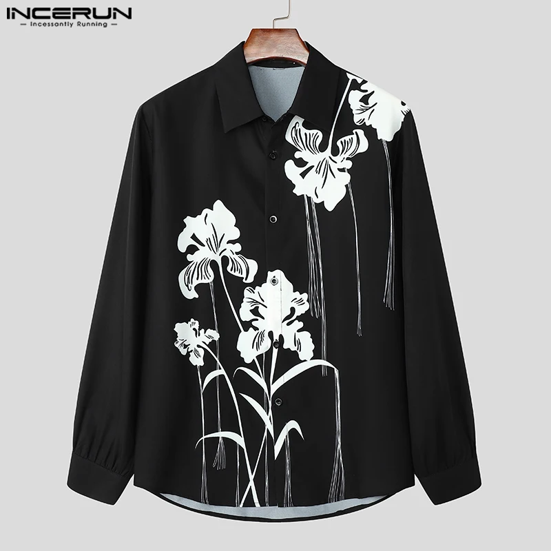 Men Harajuku Long Sleeve Shirt INCERUN Casual Floral Printing Tassel Decoration Hamdsome Tops Turn Dwon Collar Fashion Tees 2024