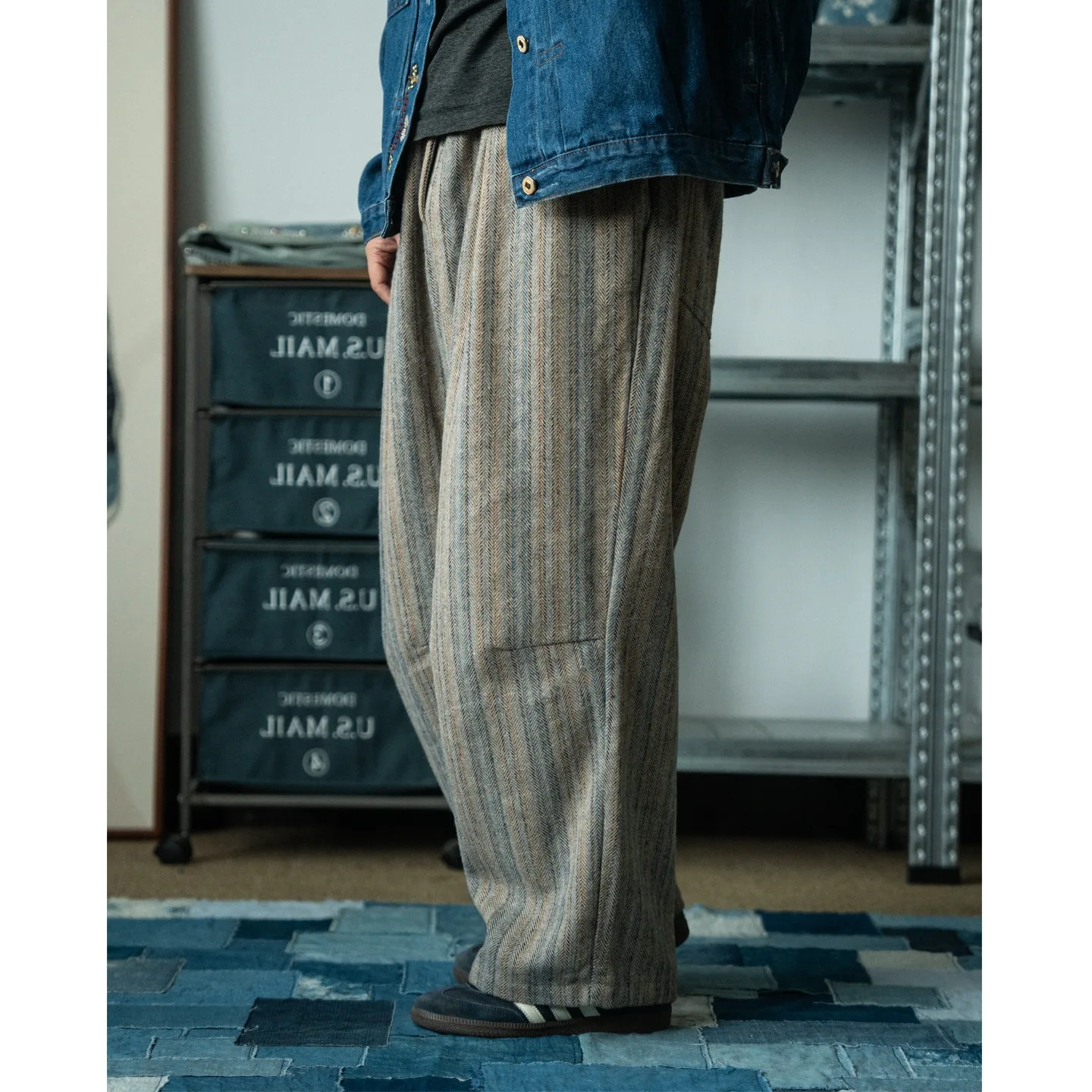 

Japanese Retro Style Striped Wide Leg Pants Men's Loose Casual Autumn and Winter Straight Leg Pants