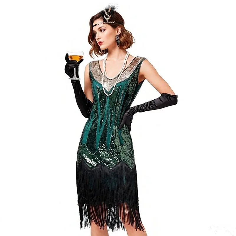 

Vintage 1920s Flapper Dress Beaded Tassel V Neck Gatsby Latin Dance Party Gown