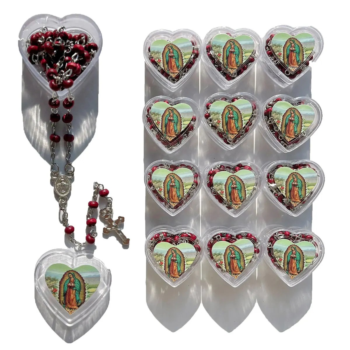 

12 шт., 4 мм, деревянное ожерелье-четки из бисера с распятием, чудесная медаль, язычковые четки с коробкой в форме сердца Гваделупской, подарок