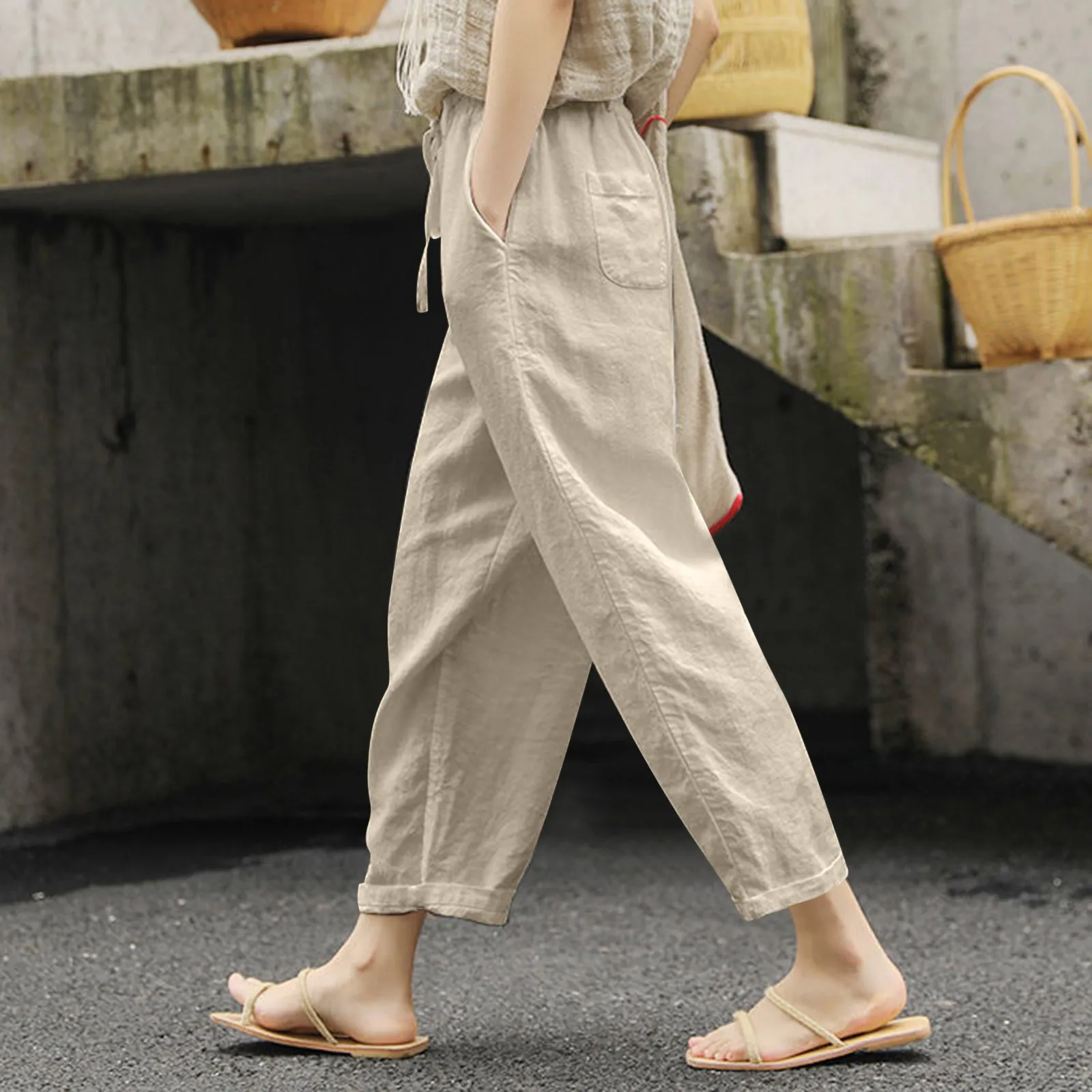 Summer Casual Trousers Women Cotton Linen Solid Color Pockets Drawstring Long Pants Ladies Simple Street Elastic Waist Pants