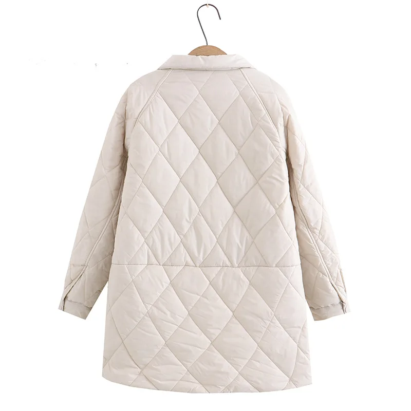 Autumn Winter Cotton Padded Jacket Women New Korean Lapel Oversize Loose Diamond Plaid Mid-Length Cotton Coats Female Outerwear