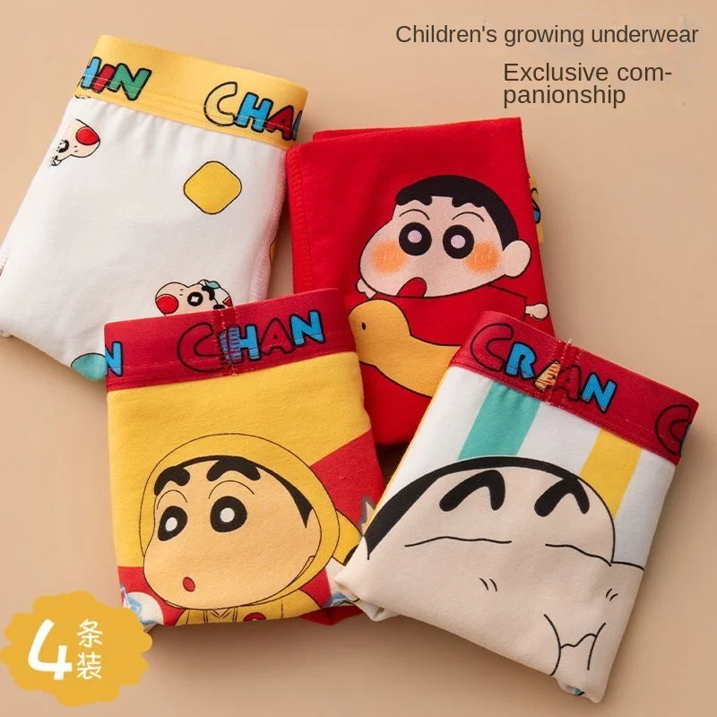 4PCS Crayon Shin-chan Children Cotton Boxer Briefs Boy Shorts Slim Fit Underwear Full Cotton Four-corner Pants Head Shorts 3-12Y