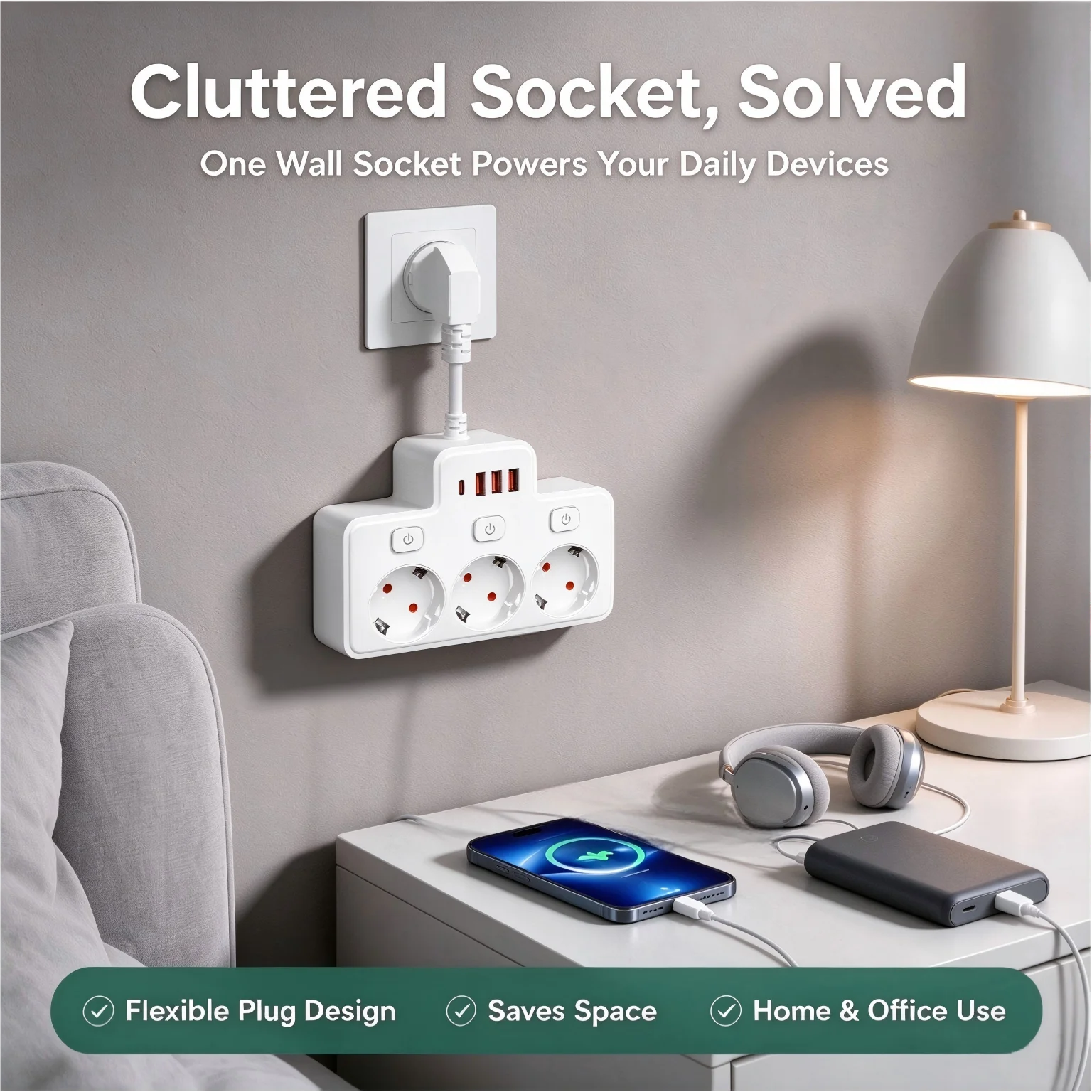 EU Power Strip 3 AC Outlets 4 USB Ports Wall Socket Adapter Flexible Plug 2500W 2.1A Multi Tap Power Socket For Home Office