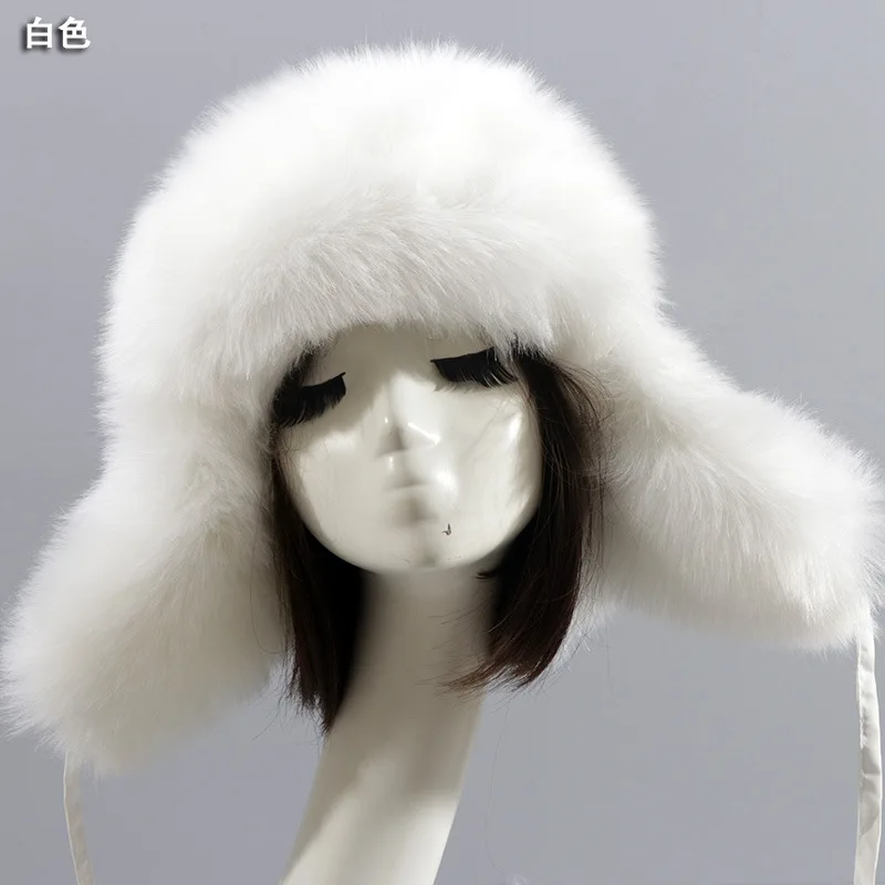 Fur Ushanka Women's Thick Warm Fur Ball Earflaps Cap Winter Fleece-lined Imitation Fur Fox Fur Northeast Cotton-Padded Cap