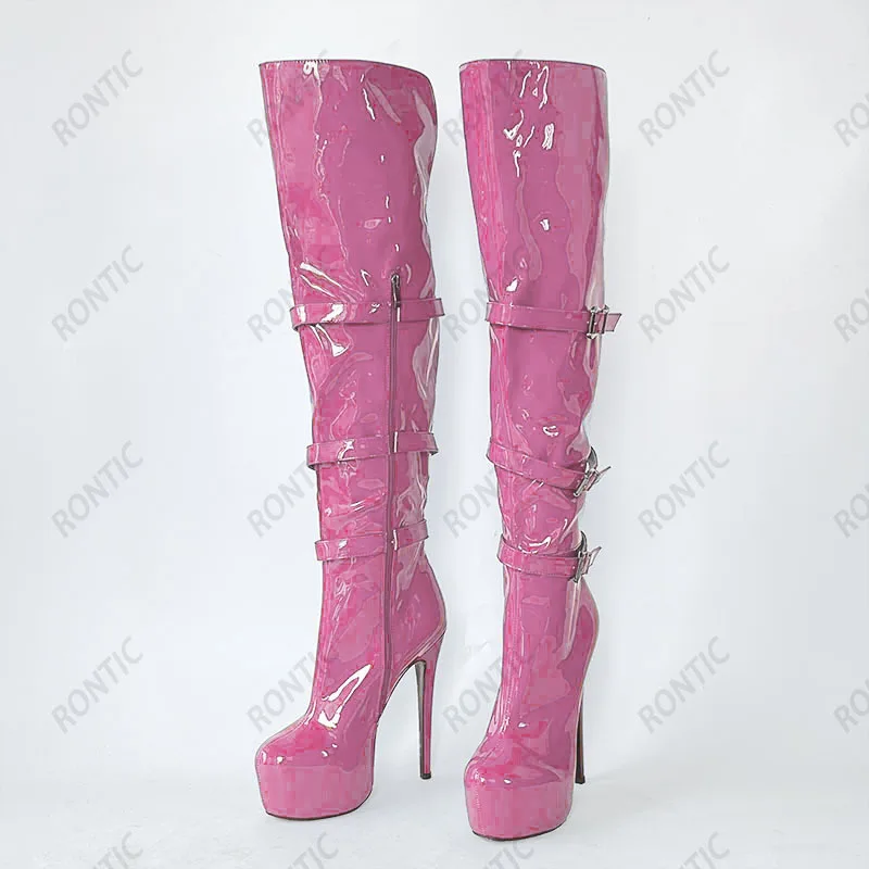 

Rontic Женские зимние сапоги выше колена ручной работы, кожаные ботинки на тонком высоком каблуке с круглым носком, красивые синие клубные туфли, размер США 5-20