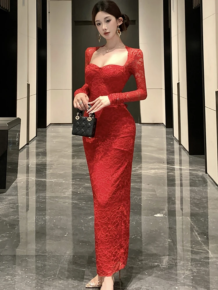 الخريف الشتاء الصلبة الدانتيل الجاكار ساحة طوق فستان طويل المرأة أنيقة القوس ضمادة فستان 2025 الكورية خمر فستان حفلة موسيقية فاخرة #1