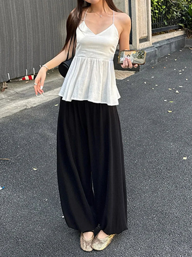 [EAM] High Elastic Waist Black Gray Brief Long Casual Wide Leg Pants New Trousers Women Fashion Tide Spring Autumn 2026 1DJ8226