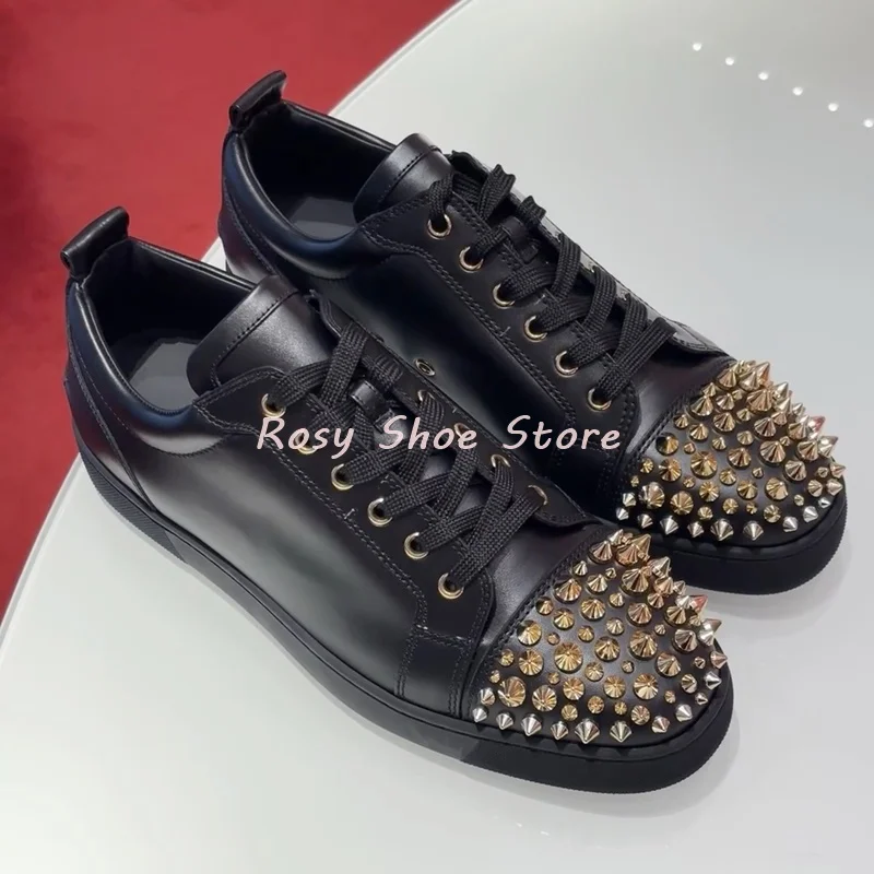 

Men and Women Couples Casual Shoes Round Toe Leather Waterproof Lace Up Flat Shoes Personality Rivet Decor Versatile Black White