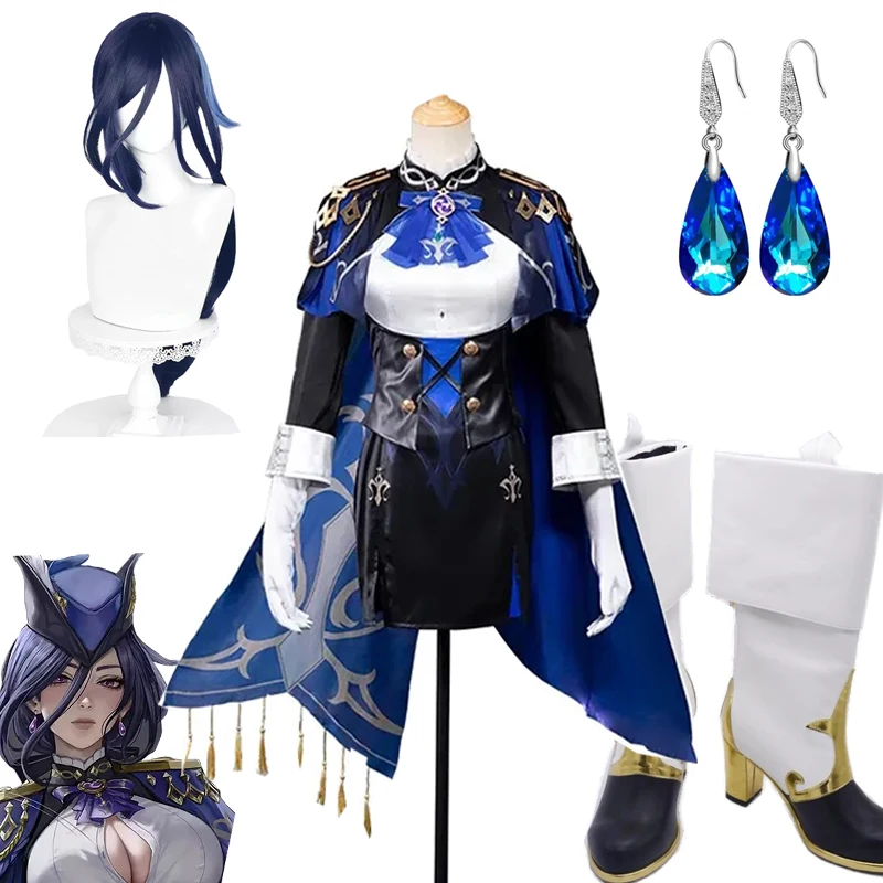 Game Genshin Impact Clorinde Cosplay Kostuum Pak Prachtig Uniform Hoed Oorbel Navia Vrouwen Halloween Outfit Rollenspel Pruik Schoenen