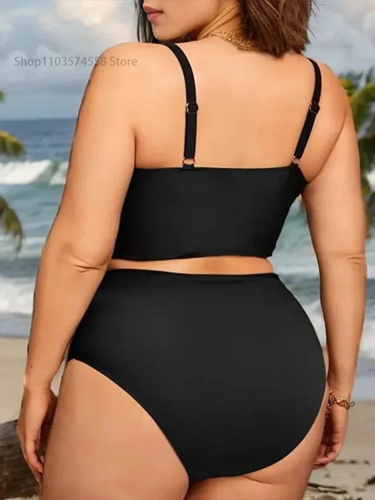 Large monochrome bikini, women\'s enhancement, two-piece high waisted swimsuit, beach clothing, 2024