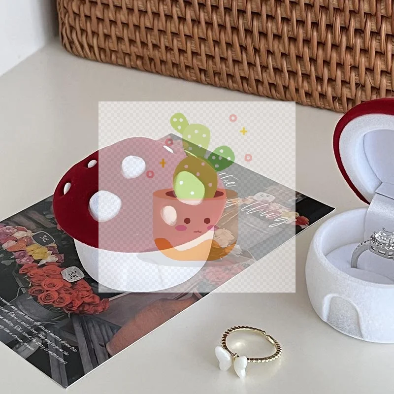 創造的なフロッキング加工のキノコ型リングボックス、ベルベット製ジュエリーディスプレイボックス、収納ケース、ジュエリーパッケージ、ディスプレイジュエリーアクセサリー