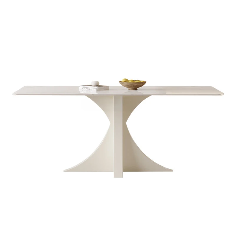 Cream Style Stone Plate Dining Tables and Chairs Set Modern French Style Home Rectangular Pure White Table