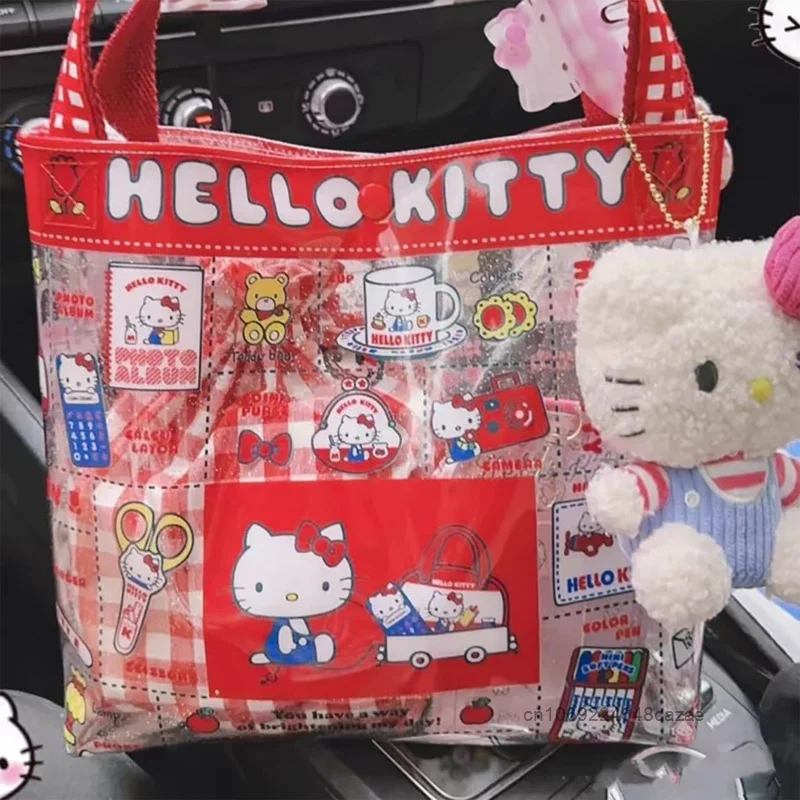 Sanrio Hello Kitty Cute Cat Transparent Bag Summer New Fashion Cartoon Printed Handbag Y2k Korean Style Large Capacity Tote