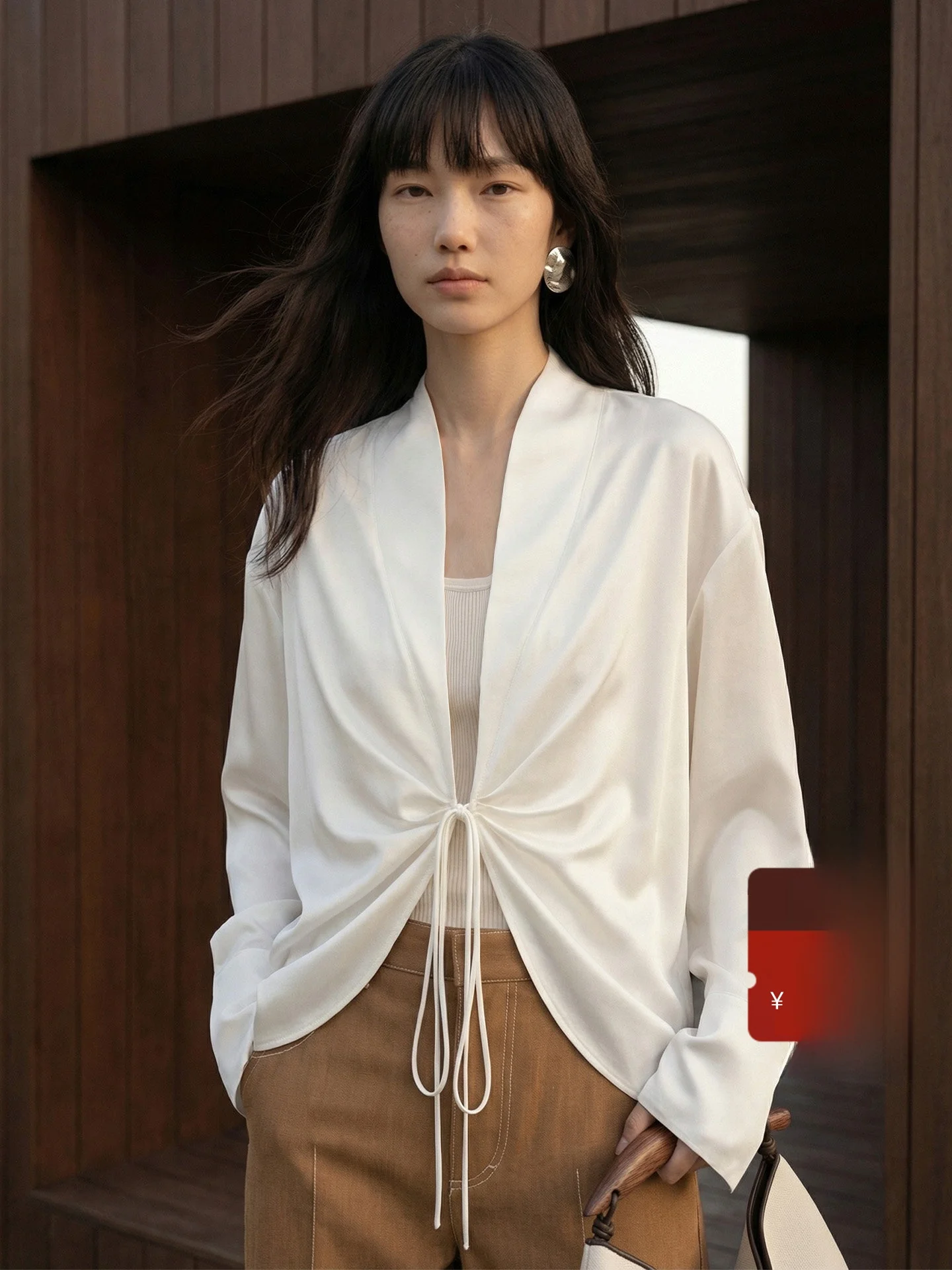 

Style Acetate Tie Waist Open Cardigan Women's Shirt French Style Loose Fit Long Sleeve Pure Color Spring Season