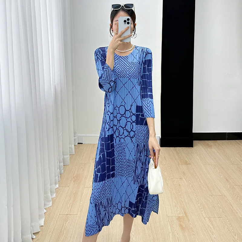 Miyake Dress for Women, Feminine, Creative Print, High-end Pleated Slim Midi Dresses, New Autumn Clothes, 2023