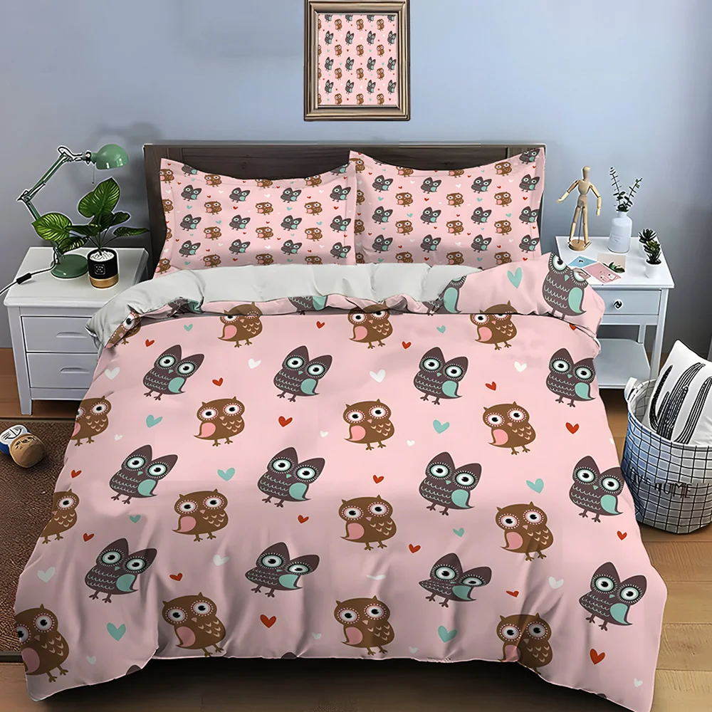 Cartoon owls and heart backdrop Bedding Set for Kids Luxury Gift 3pcs Digital Print Comforter Set Soft Comfortable Breathable