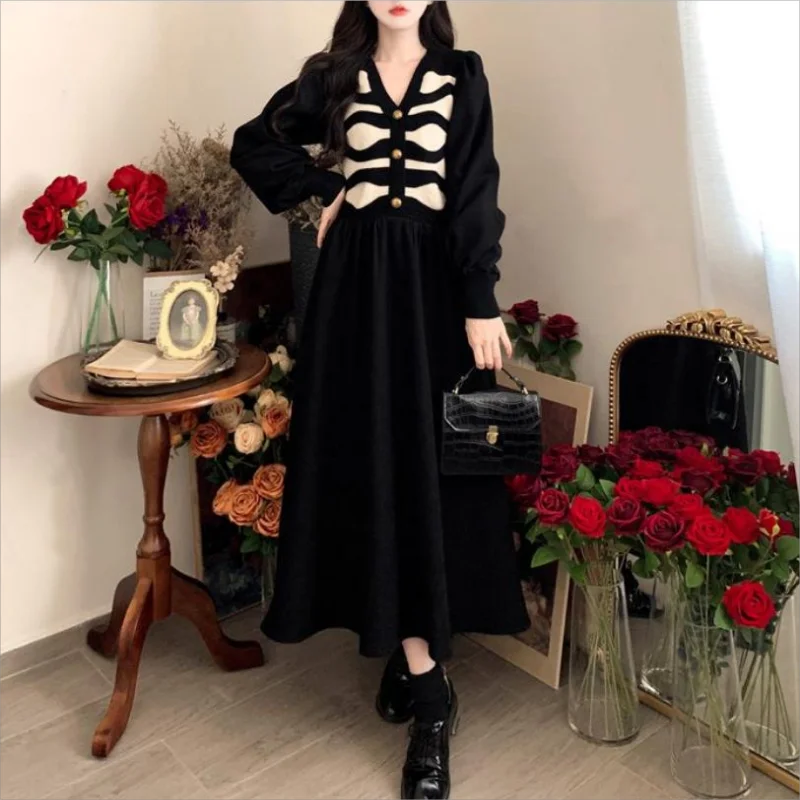 

Fake Two Pieces Knitting Corduroy Patchwork Dresses Women Female Lantern Long Sleeve Casual Dress Korea Fashion Winter 2024