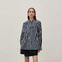 VC-Women's Long Sleeved Striped Shirt, Thin Ribbon, Round Neck, Casual, Loose, Spring, Summer, New, 2024