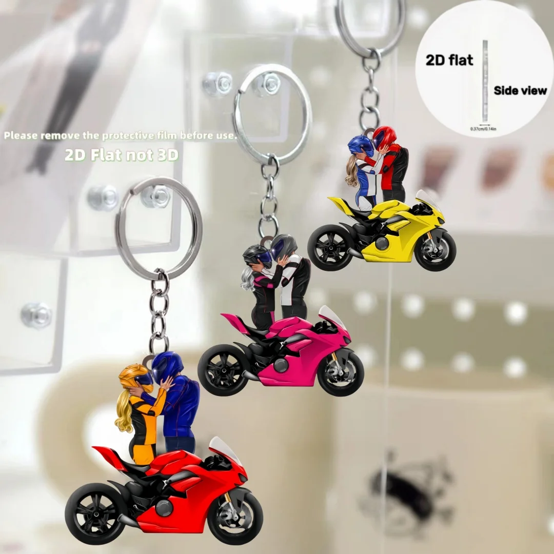 2D Motorcycle Keychain Moto Themed Pendant Kissing Couple Flat Acrylic Ornament Hanging Decoration for Bags Party Festive Gift