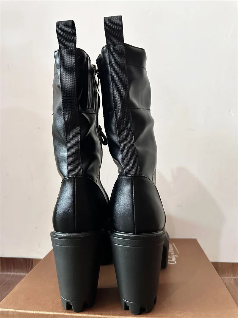 Onlymaker Women Platform Boots Lace-up Ankle Boots Round Toe Matte Black Zipper Square Chunky High Heel Booties