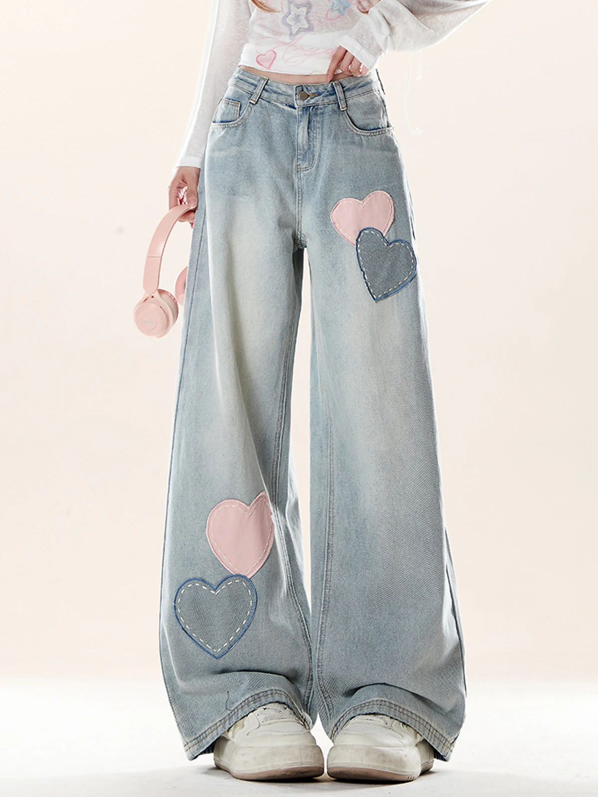 

Джинсы ENJOG синие женские новые, с высокой талией, прямые, свободные, в пол, с эффектом похудения, в стиле пэчворк, повседневные