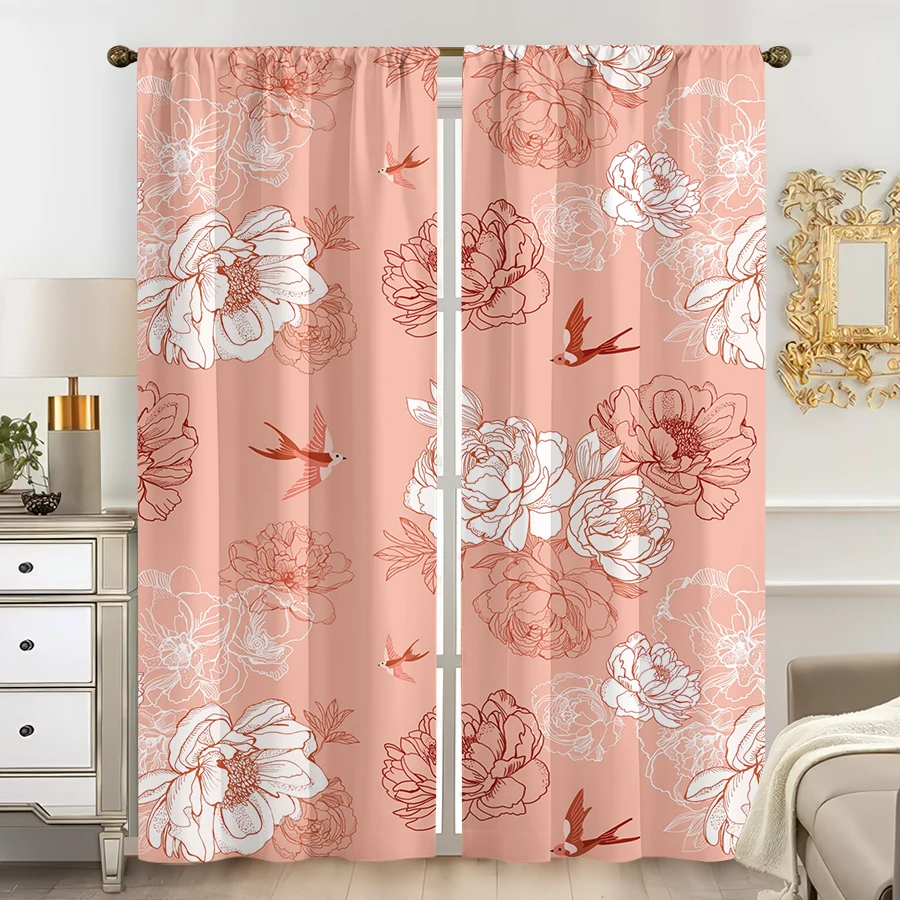 2 Stück mehrfarbige Vorhänge mit Korallenrosa-Pfingstrosen- und Vogelmuster, Stangendesign für Schlafzimmer und Wohnzimmer