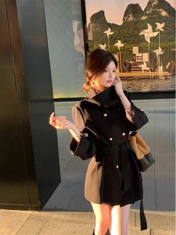 

Ele Korean Sle Women's Woolen Coat Ne Scarf Design Faionable ature Bla Tweed Jaet Autumn Winter Ladies' Out...