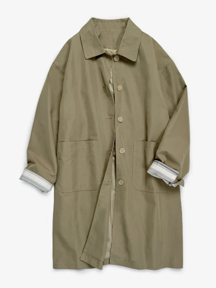 ZMEENNA femmes Beige Trench manteau simple boutonnage veste avec col rabattu rayé contraste manchette printemps automne ZM4268