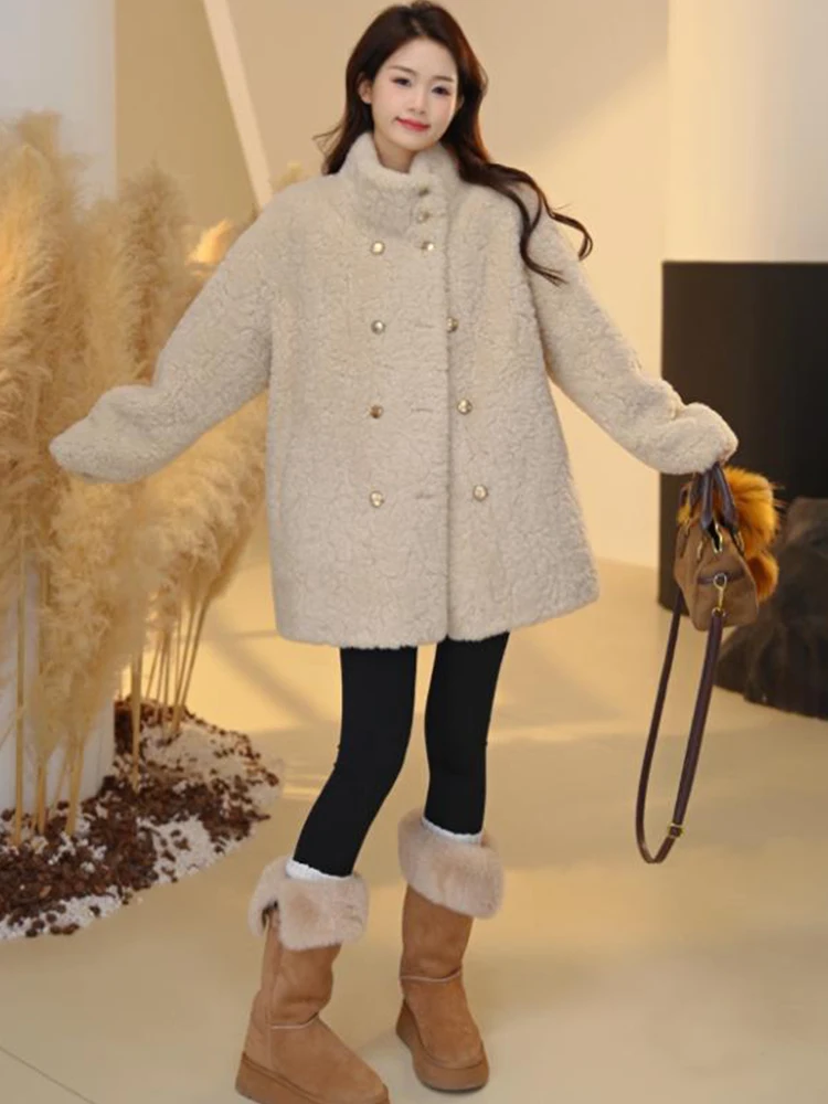 

Trendy Double-Row Buttoned Leather-and-Fur Integrated Outerwear Women's 2026 Autumn-Winter New Style Commute Style Loose Fit