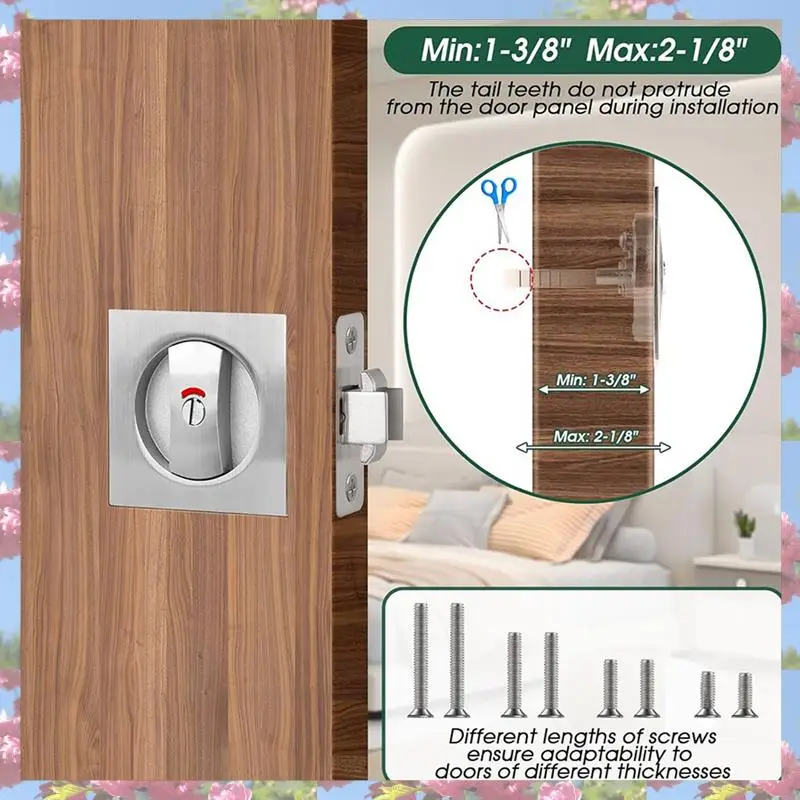 

2X Pocket Door Lock With Indicator Light, Silver Privacy Square Pocket Latch, Barn Door Lock Pocket Door Hardware