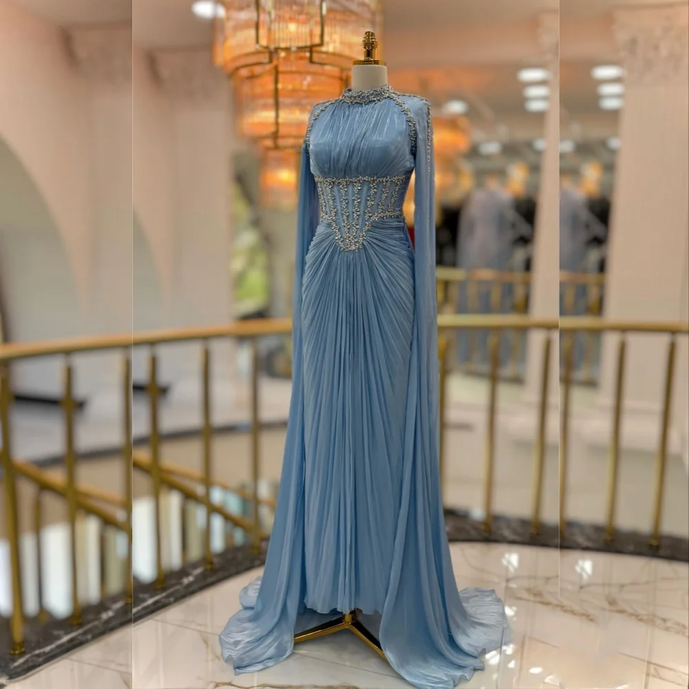 Vestidos largos personalizados con pliegues y diamantes de imitación, cuello alto, brillantes, a medida, para ocasiones, de lujo, para noche, elegante, fiesta y boda