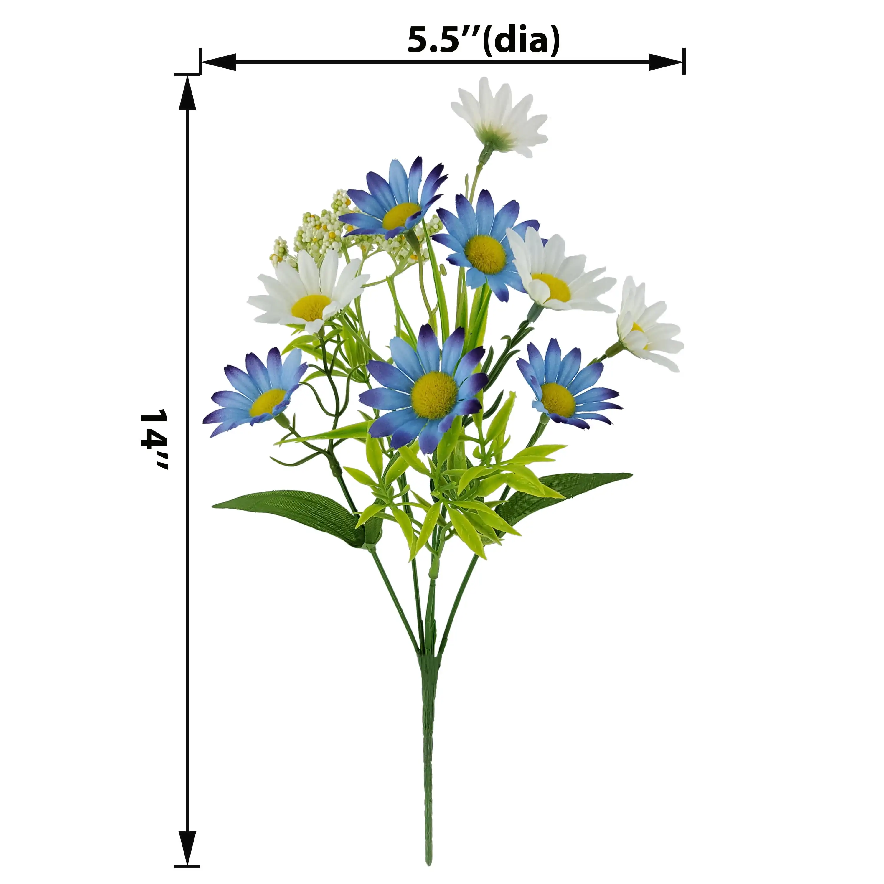 Escolha de margaridas artificiais internas de 14 polegadas, cor azul e branca.