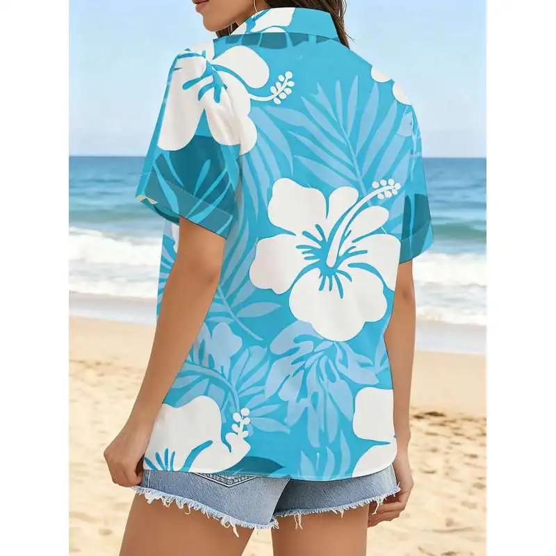 Women's Button Up Short Sleeve Shirt Blue Base White Light Blue Hibiscus Tropical Pattern Machine Washable Casual Fashion Top