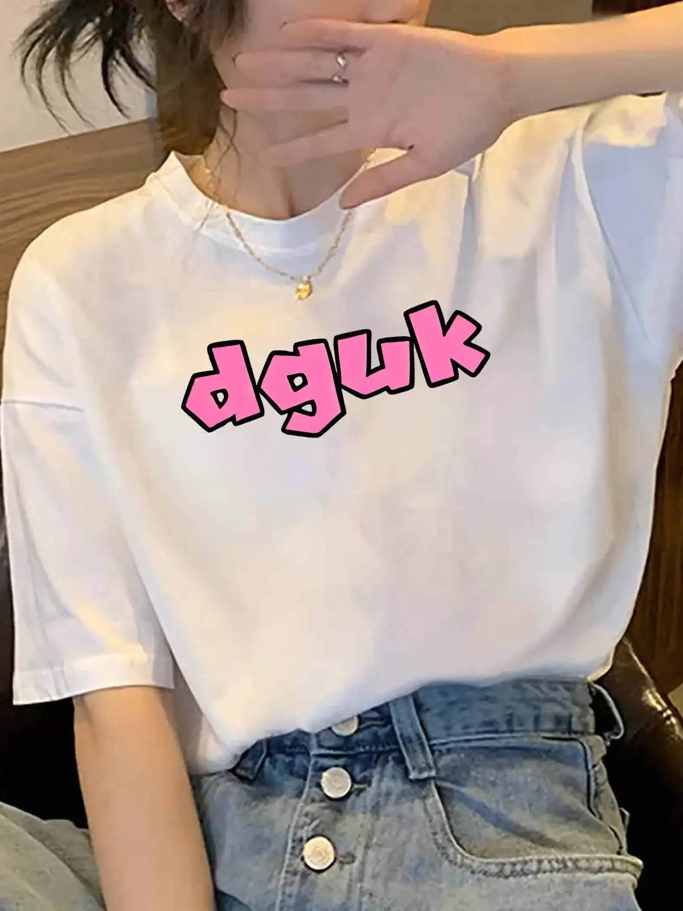 Women's Graphic T-Shirt with Bold Pink DGUK Letter Print Thick Line Art Design  Harajuku Short Sleeve Casual  Aesthetic Clothes