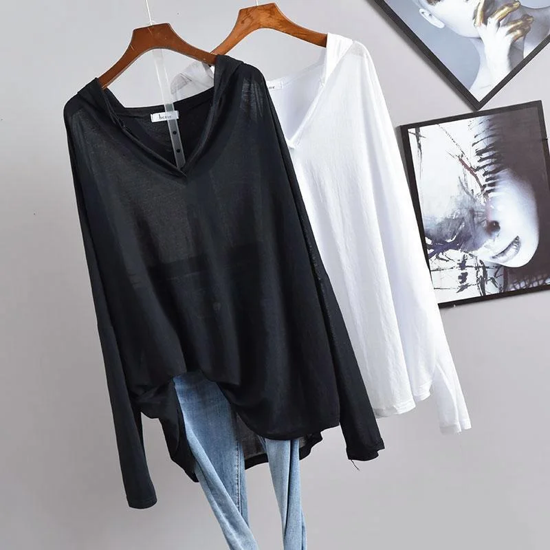 

plus Size Women's Ice Silk Knitted Top Loose Lightweight Spring Summer Sun Protection Outerwear V-Neck Long Sleeve Mid-Length