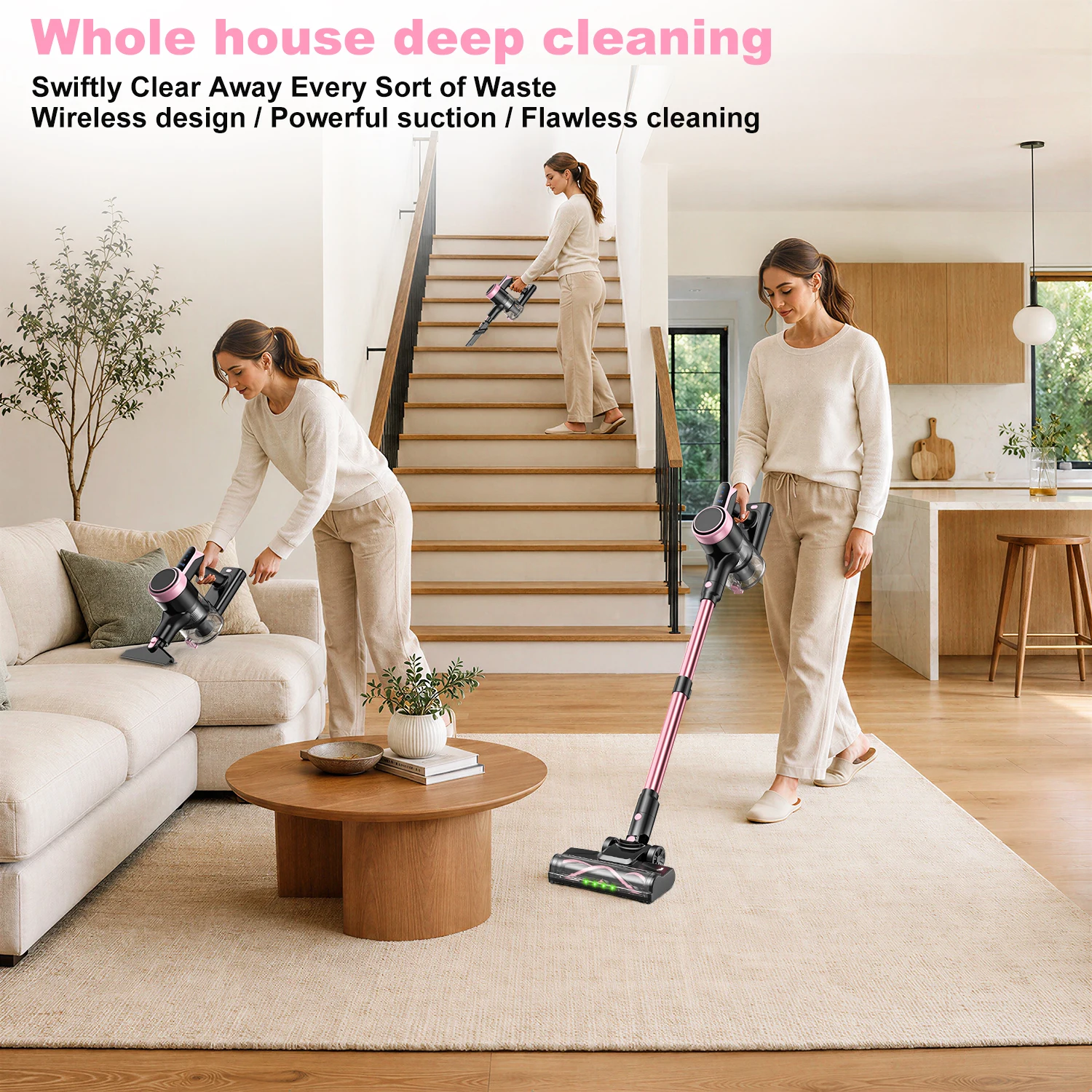 Cordless Vacuum Cleaner,  Self-Standing Lightweight Powerful Stick Vacuum Cleaners, Upgraded LED Light Brush/Extra Long Hose/3 Modes And 45Mins Runtime, 2500mAh Removable Battery, 10-in-1 Anti-Tangle Handheld Vacuum Cleaner For Carpet, Pet Hair