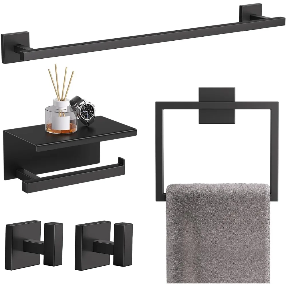 Conjunto de hardware de banheiro preto fosco de 5 peças, barra de toalha de aço inoxidável sus304 de 23,6 "com suporte de papel higiênico quadrado e prateleira