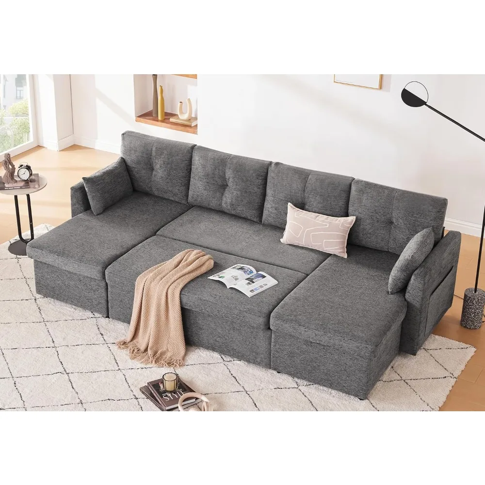 Sleeper Sofa Couch, 110 inch 2 in 1 Pullout Sofa Bed with Double Storage Chaise, Sectional Sleeper Sofa Bed with Side Pocket