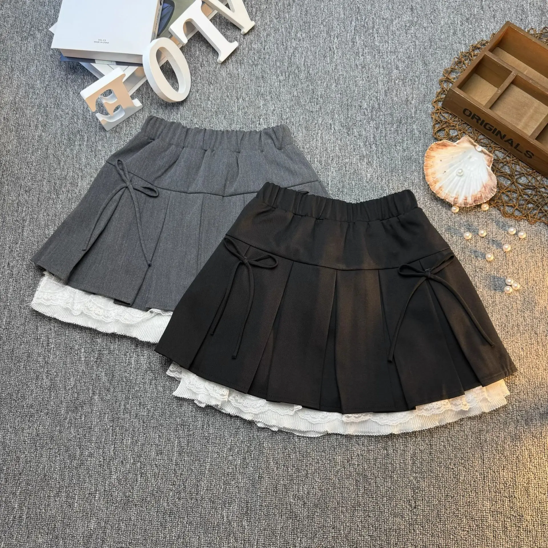 Teen Kids High Waist Pleated Skirt Bow Elastic Waist School Uniform Style A Line Skirt for Girls Daily Wear Anti-exposure Bottom