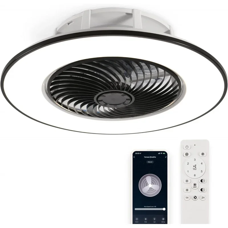 Qwstandard Black,bladeless ceiling fan light with remote control smart LED dimmable lighting indoor low