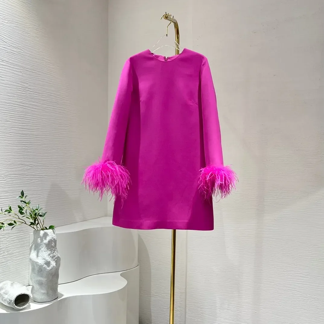 

Luxury Spring Ostritch Feather Long Sleeve Rose Red Straight Mini Dress for Women