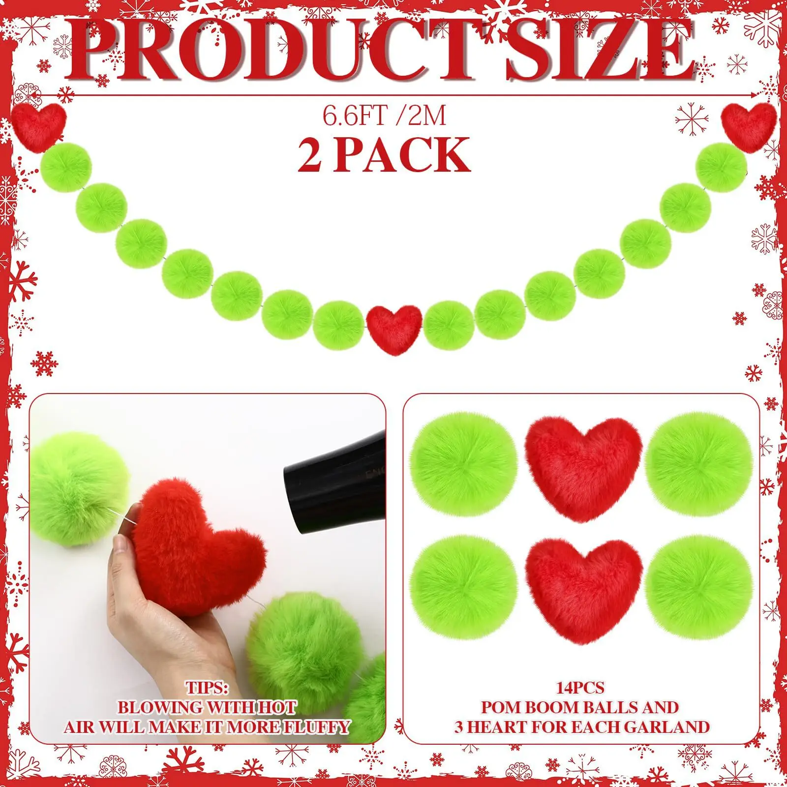 30 pc Christmas Green plush ball love Shiny Garland With Christmas Tree Garland For Home Decor Festival and New Year decorations