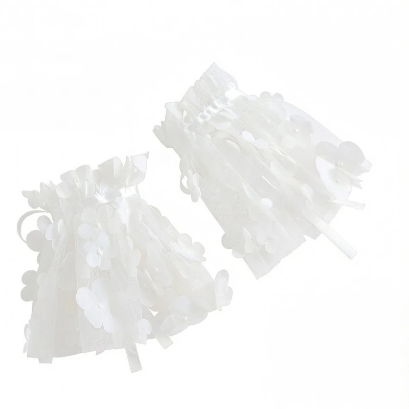 White Floral Lace Hand Sleeves for Women Sheer Mesh Fingerless Wrist Cuffs with Ribbon Ties for Party Wedding Dressing up D0UB