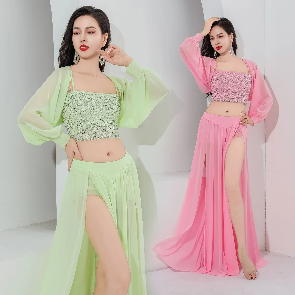 Dance Skim Belly Practice Clothes for Women's Sexy Lace Mesh Long Skirt 3pcs Girls Belly Dancer Performance Costume Suit