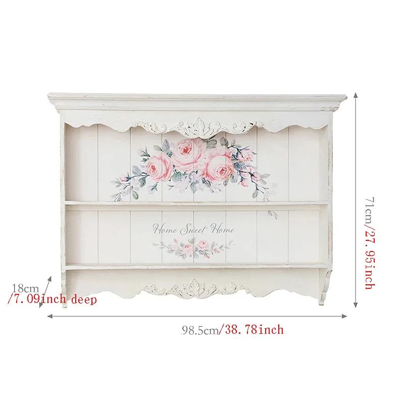 2 Tier Vintage Retro Handcrafted French Country White Rose Printing Wooden Wall Decor Display Organizer Shelf