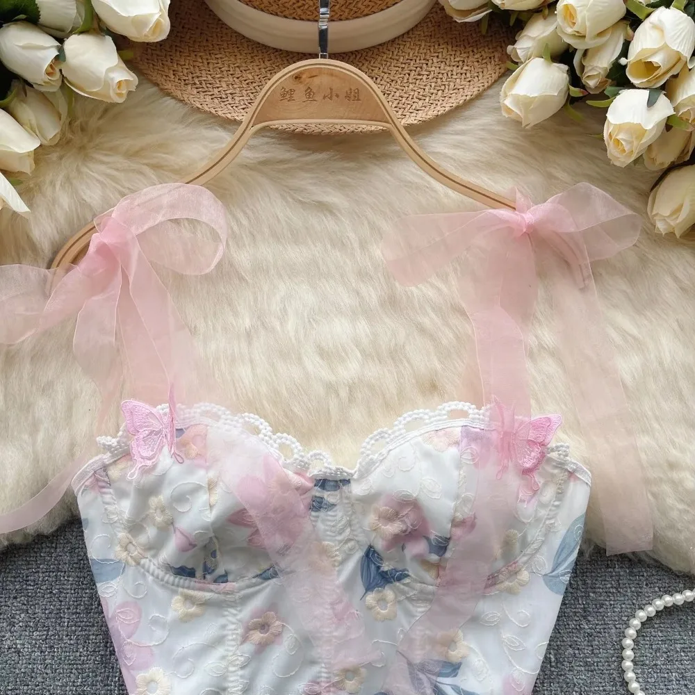 Chic Sweet Bandage Embroidery Camis French Fashion Tank Top Basic Slim Crop Top Sexy Goth Corset Bustier Summer Women Tops Ins
