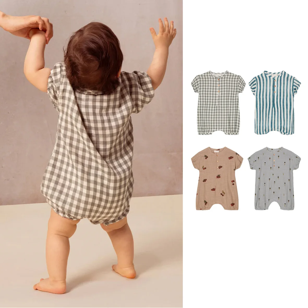 

Summer new baby clothes for boys and girls, cute round neck 2025 children's short sleeved bag clothes