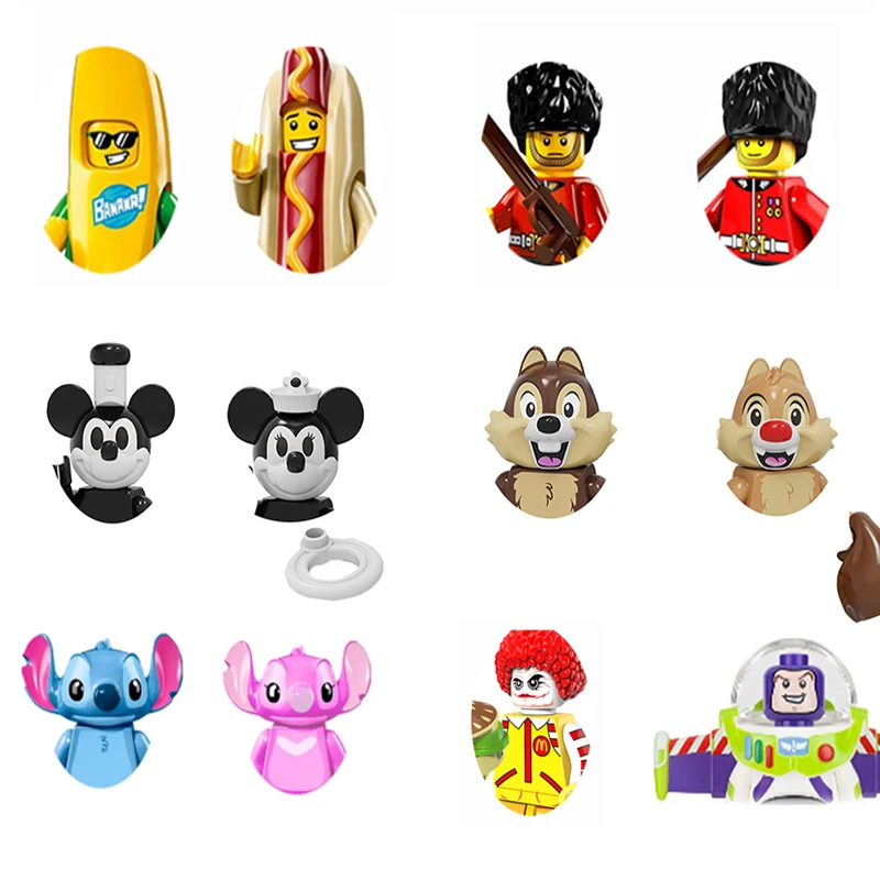 Blocs de construction de figurines de dessins animés Disney - Assortiment de mini briques de cosplay Hot Dog et Requin, jouets de collection DIY pour enfants